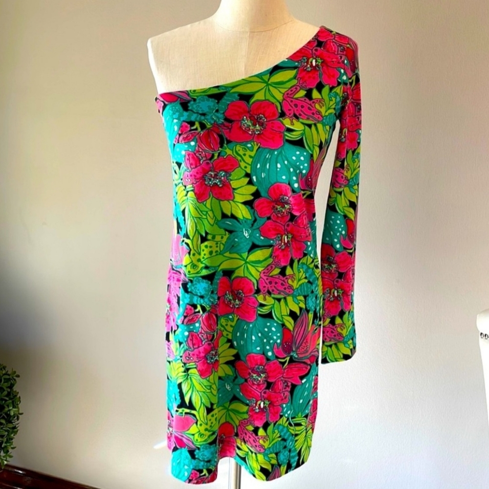 Lilly Pulitzer Skip On It One Shoulder Dress Floral Silk SIZE XL